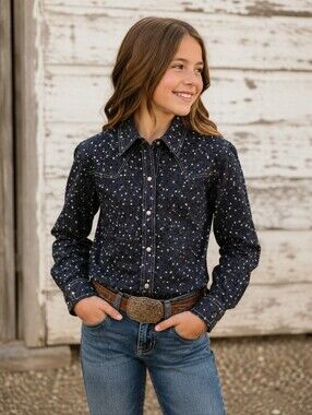 CRUEL GIRL rodeo cowgirl western shirt LS Gray/Black/White/Pink sz L/10 euc